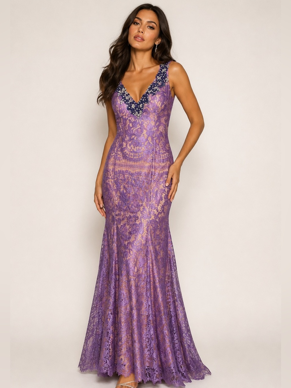 Envious Couture Purple Lace Jeweled Beaded Formal Gown Size 12